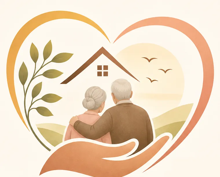 Illustration of an older couple with their arms around each other, looking toward a home, held within a heart and a caring hand.