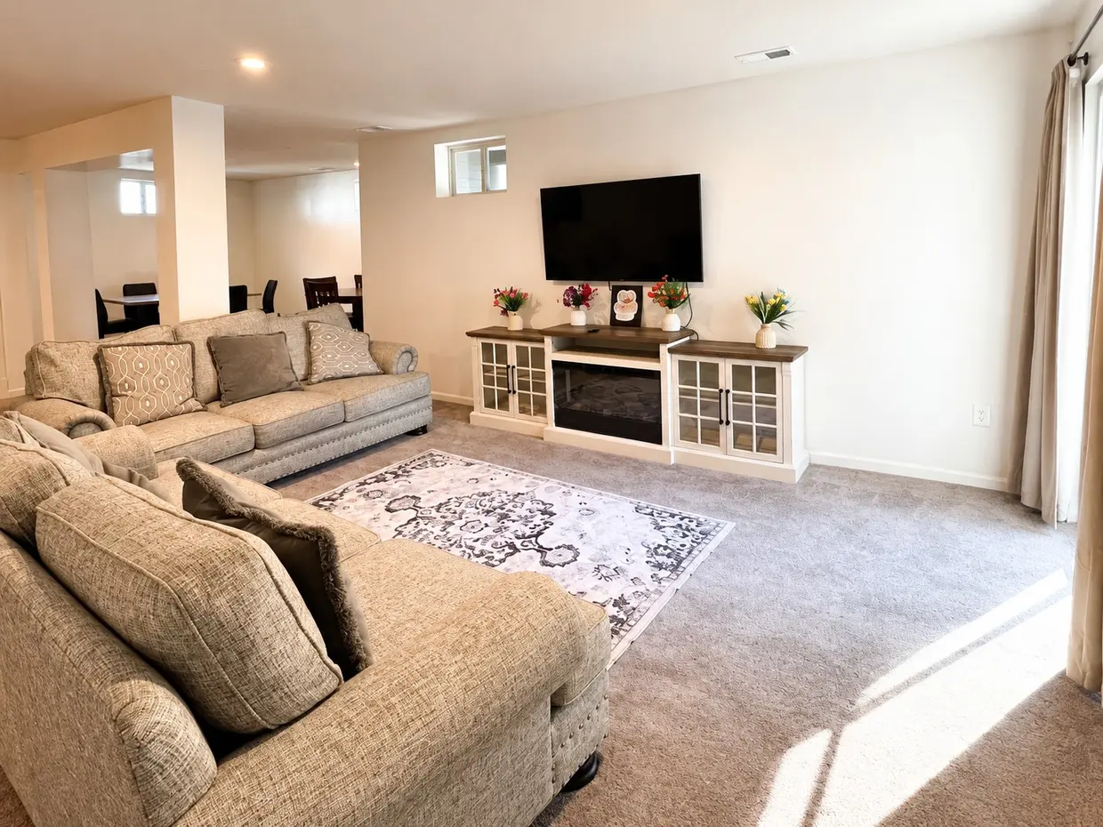 Sunlit living room with two sofas and a patterned rug facing a television above an electric fireplace, with the dining area beyond.
