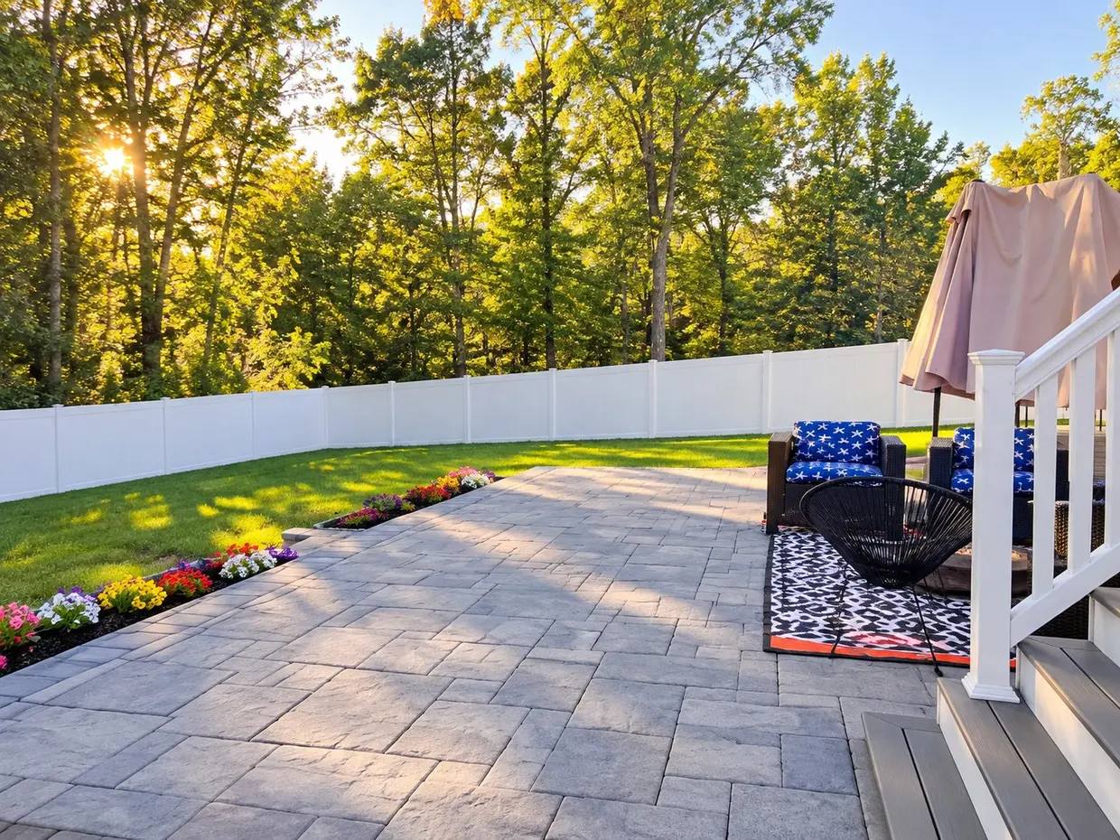 Stone patio with cushioned chairs and an umbrella, edged with flower beds, beside a fenced lawn with tall trees beyond.